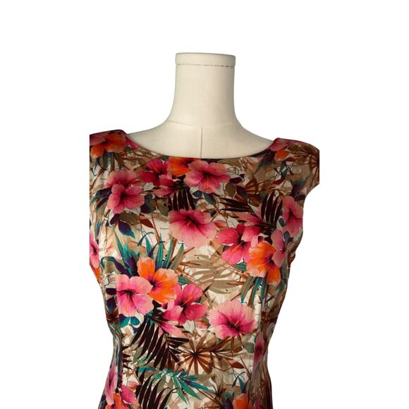 ZARA Medium Floral Tropical Print Cap Sleeve Dress 35" Length Polished Cotton - Picture 6 of 13